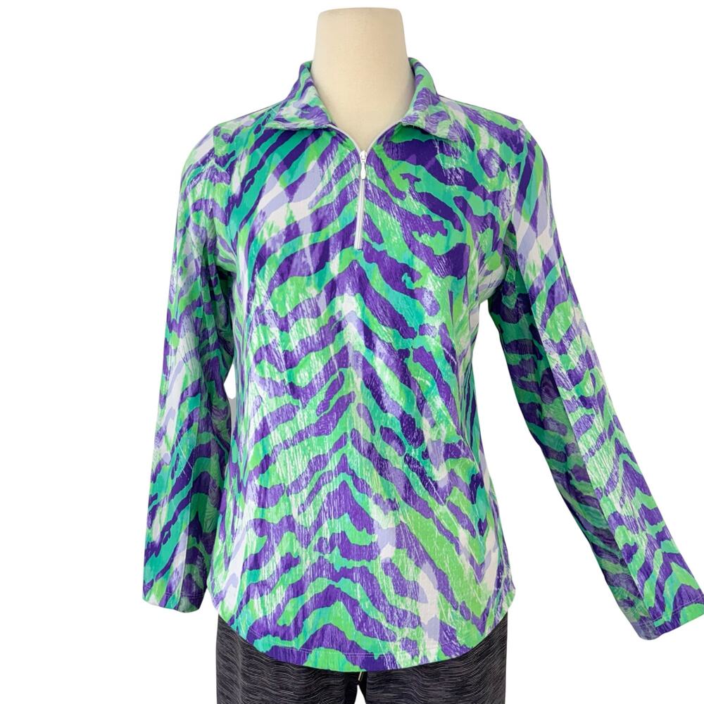 IBKUL Quarter Zip Golf Top Sweatshirt Green Purple Abstract Zebra Print M